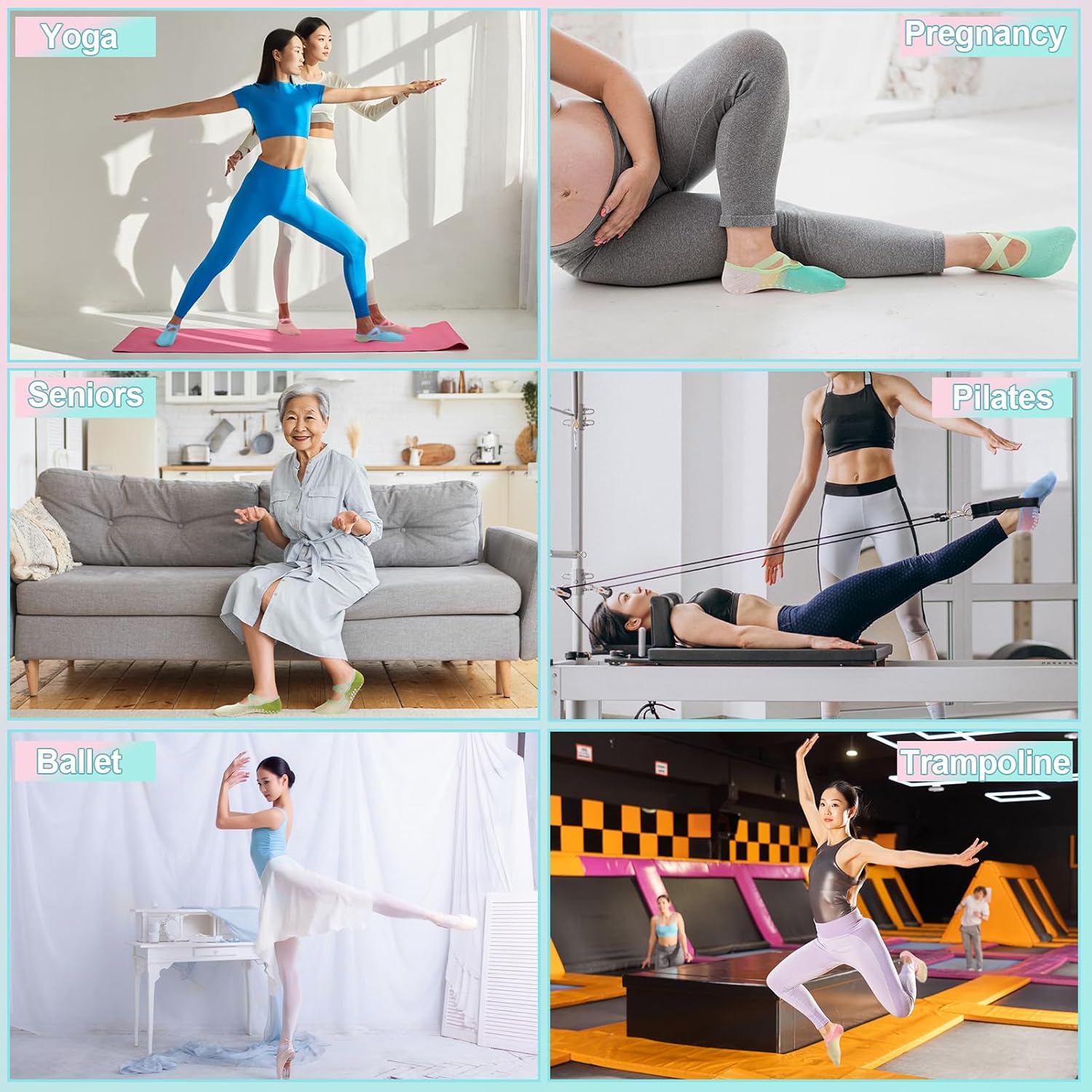 Jspupifip 6 Pairs Pilates Socks for Women Non-Slip Grip & Straps, Gradient Color Cotton Yoga Socks for Pilates, Barre, Dance - Image 6