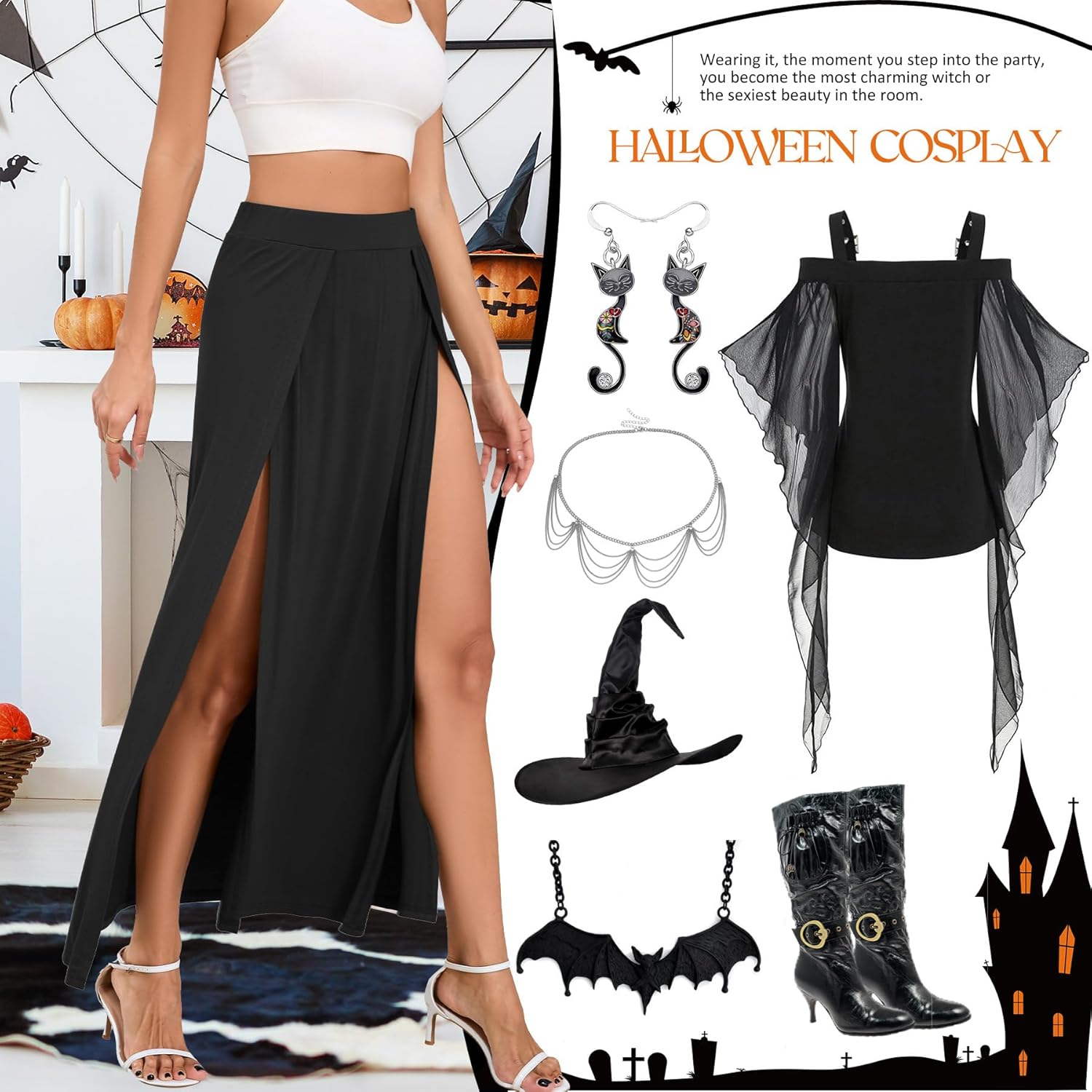 Zando Women's Double Slit Maxi Skirt - High Elastic Waist Flowy Long Split Skirt - Image 3