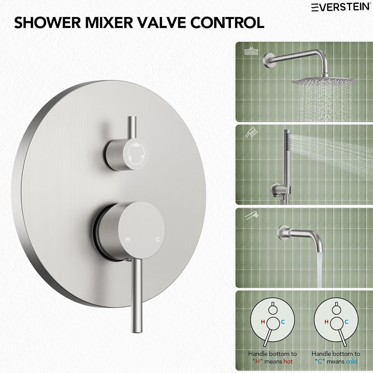 10" High-Pressure Rainfall Shower System with Handheld Spray, Wall Mount Bathroom Shower Faucet Set with Tub Spout (Brushed Nickel)