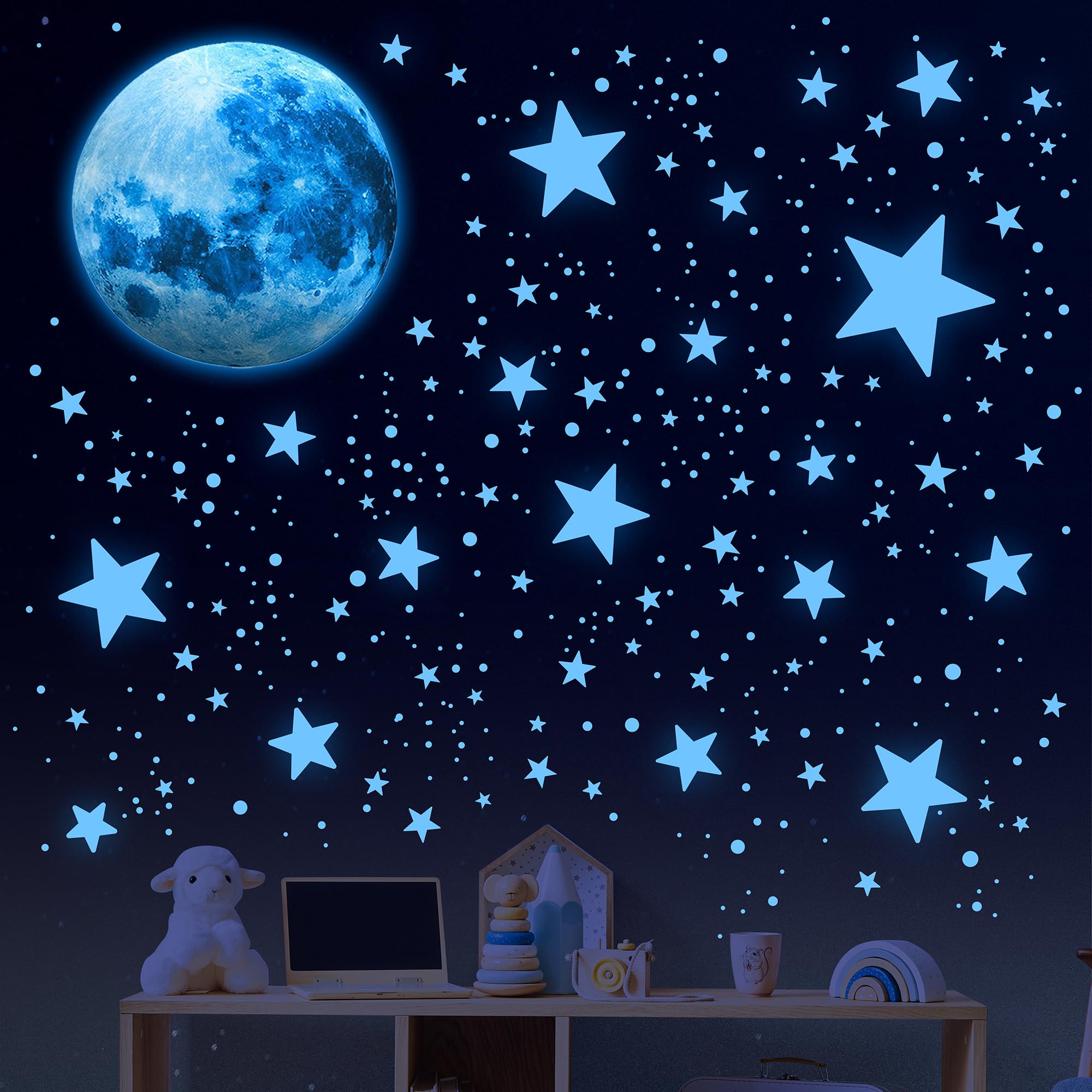 Glow in The Dark Stars and Moon Wall Decals for Ceiling - Kids Wall Decors for Boys Girls Nursery Bedroom - Perfect for Kids Room
