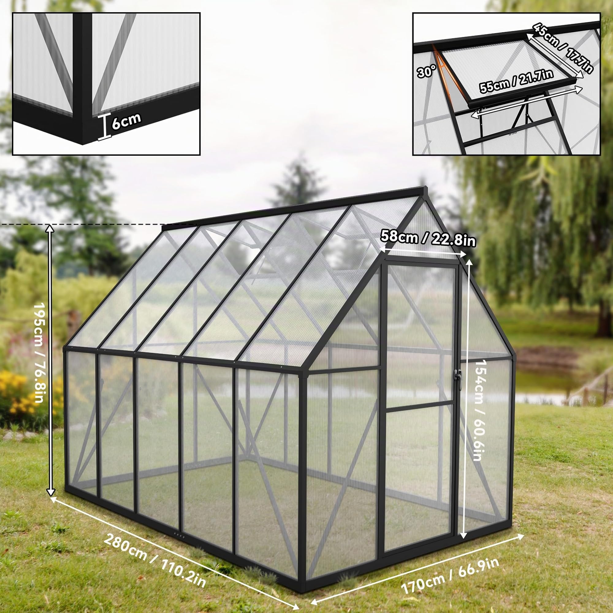 Froadp Serre en aluminium avec fondation 280 x 180 x 195 cm - Plaques creuses en polycarbonate de 4 mm - Résistant aux intempéries - Serre à tomates avec fenêtres - Pour jardin et élevage
