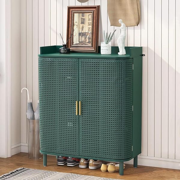 ORRD Shoe Cabinet, 5 Tier Boho Wooden Shoe Storage Organizer Cabinet with Adjustable Shelves, Shoes Rack with Iron Ratta