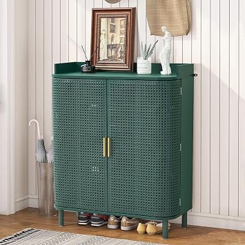 Shoe Cabinet, 5 Tier Boho Wooden Shoe Storage Organizer Cabinet with Adjustable Shelves, Shoes Rack with Iron Rattan Curved Doors Accent Cabinet for Entryway Hallway Living Room, Green