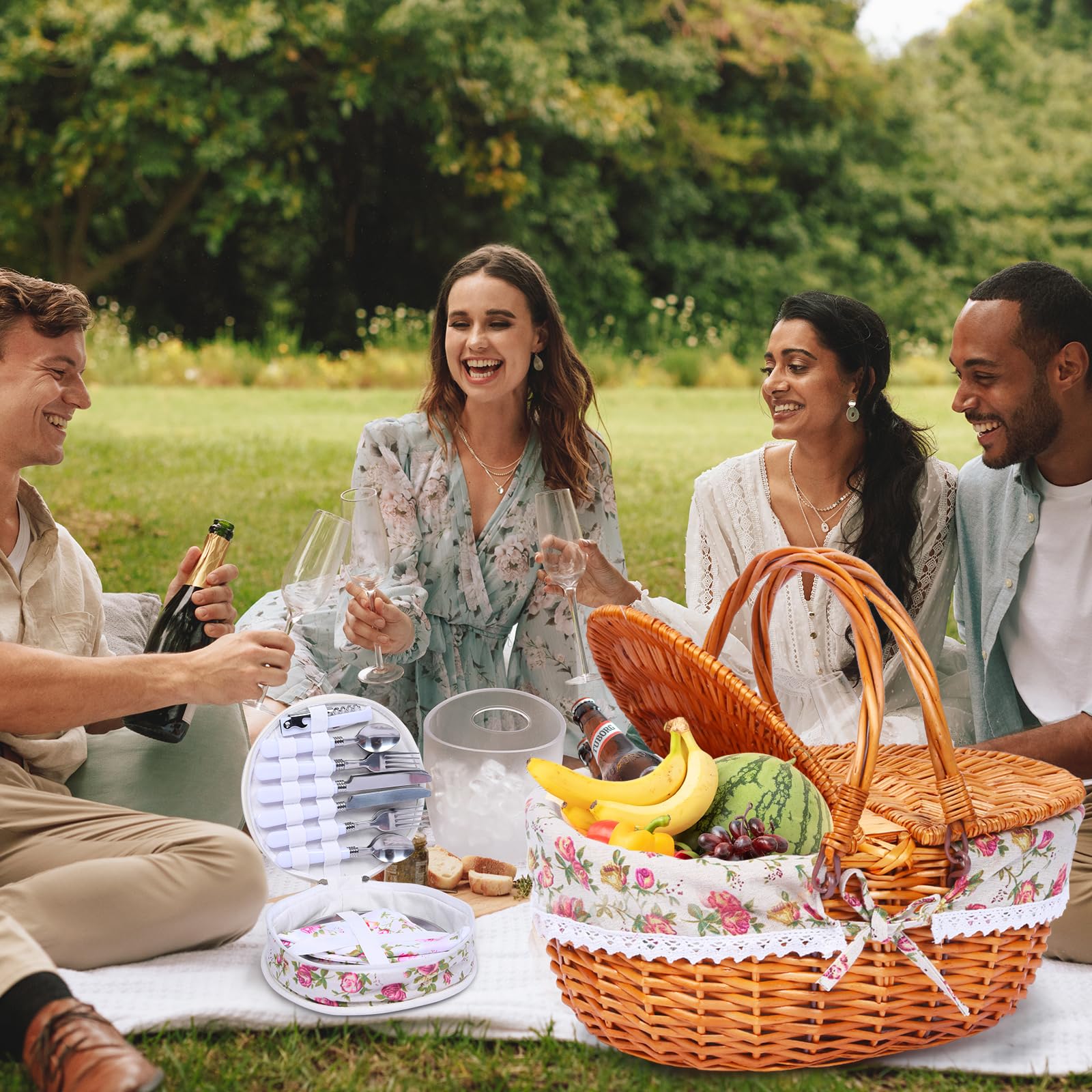Cesto da picnic in vimini per 4 persone, con coperchio e manico, cestino da picnic con fodera lavabile e posate per esterni, campeggio, Halloween, Natale e un