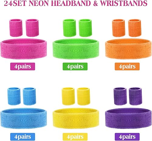 Miniatura 2 de Xuniea Juego de 24 diademas de neón de los años 80, incluye 24 diademas y 48 muñequeras deportivas para el sudor a granel para mujeres y hombres,