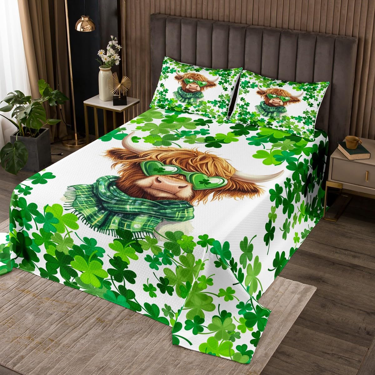 Erosebridal Queen St. Patricks Day Quilt Set for Kids Boys Girls,Shamrocks Coverlet Set,Highland Cow Bedspread,Farmhouse Animal Bed Cover with 2 Pillow Shams Bedroom Decor