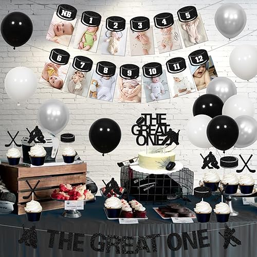 Miniatura 3 de Decoraciones de hockey para el primer cumpleaños para niños, cartel de fotos de bebé de primer cumpleaños para recién nacidos a 12 meses, decoración