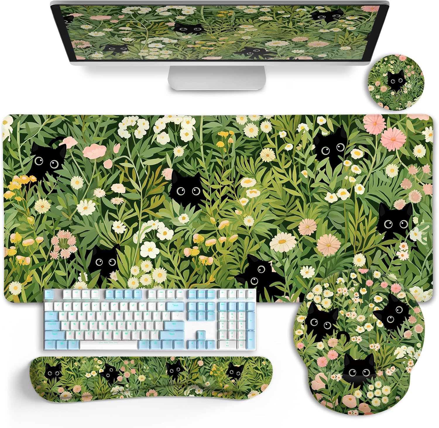 Cat Ergonomic Mouse Pad with Wrist Rest Desk Mat Set, Green Gaming Mouse Pad Wrist Support, Keyboard Mat Wrist Rest Cup Coaster Funny Office Decor