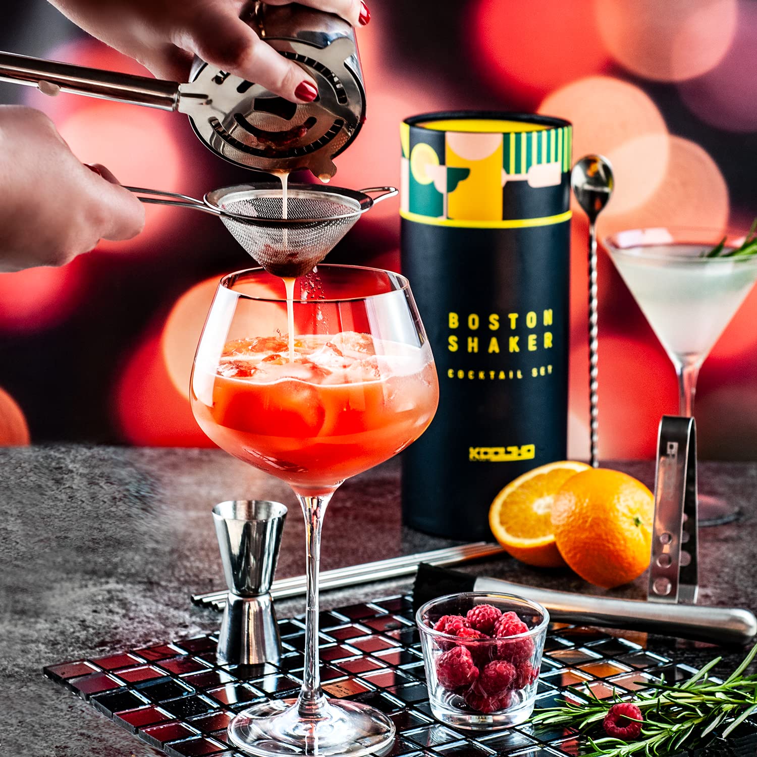 Shaker Boston Professionnel Kit Barman, Coffret Cadeau Original Personnalisable Femme Homme Couple, Set Cocktail Mojito avec Accessoires Bar, Shakers INOX Tin on Tin, Service Cocktails Complet Pro