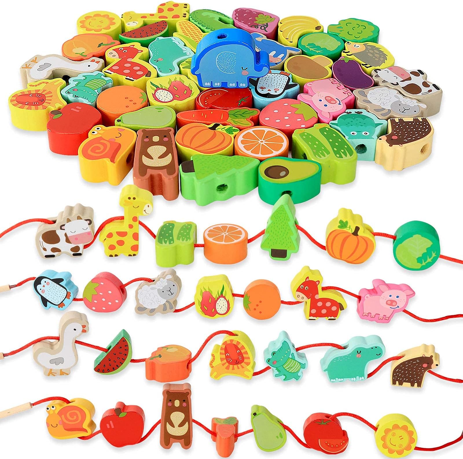 Montessori Educational Threading Toys Wooden Stringing Farm Animals Fruits Lacing Beads Preschool Toy for Toddler 3 4 5 Year Old Boys Girls