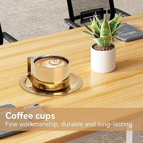 Miniatura 9 de Juego de 2 tazas y platillos de expreso, taza de café y platillo, taza de café dorada, tazas demitasse de acero inoxidable, exquisitos recipientes