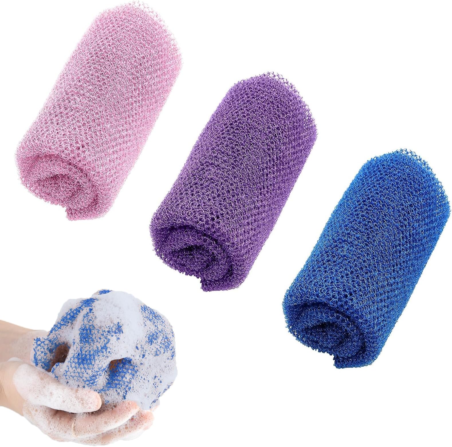 3 Pcs African Exfoliating Net,African Exfoliating Sponge,Nylon Back Scrubbers,Shower Sponge Body Sponge,Deep Cleaning African Net Bathing Sponge for Men and Women Deep Cleaning(Purple Pink Blue)