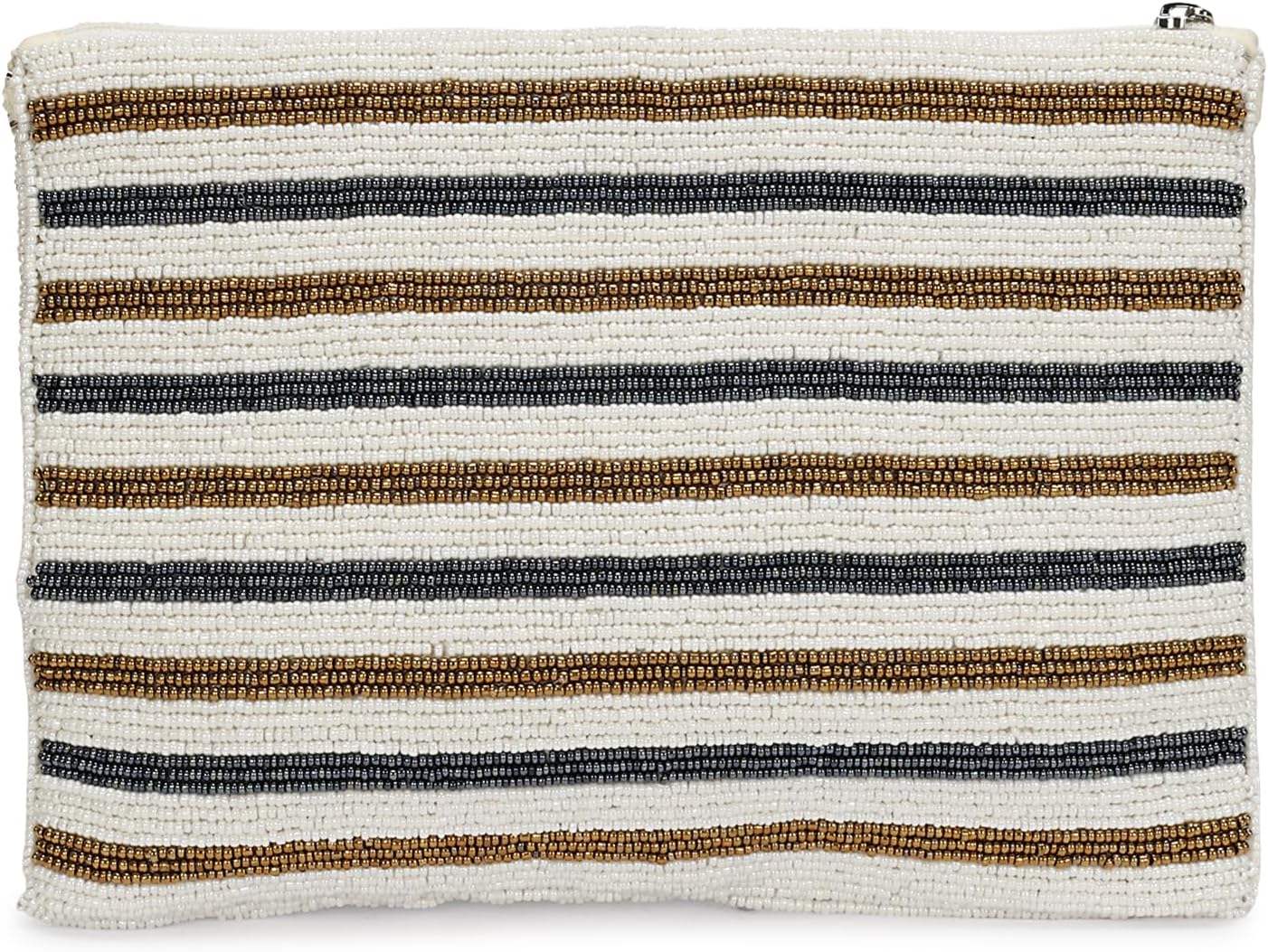LONGING TO BUY Beaded Evening Clutch Handbag, White Striped with Floral Design, Chain Strap Crossbody Purse