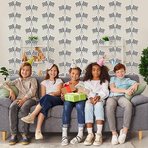 Miniatura 7 de 12 banderas a cuadros en blanco y negro con temática de carreras para colgar en remolinos de carreras, kit de guirnalda de coches de carreras,