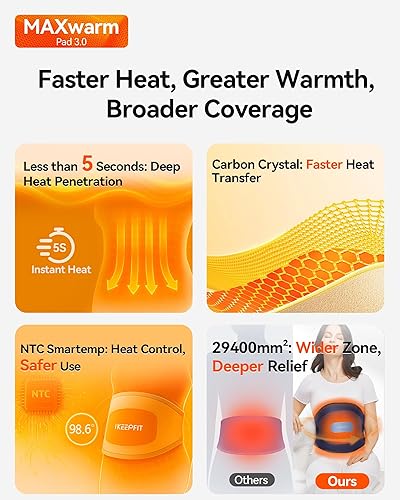 Miniatura 4 de Almohadilla térmica portátil con masajeador para aliviar el dolor de espalda MAXwarm 3.0, almohadilla térmica eléctrica inalámbrica IKEEPFIT para