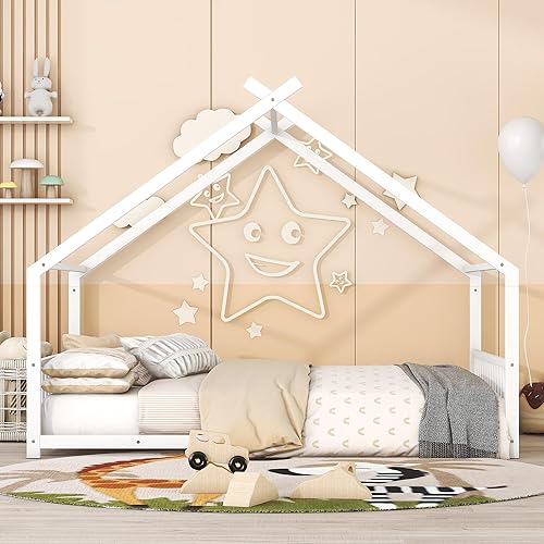 Miniatura 3 de Tensun Marco de cama de madera de tamaño individual con valla y puerta, cama de piso para niños pequeños, marco de cama de piso de madera Montessori
