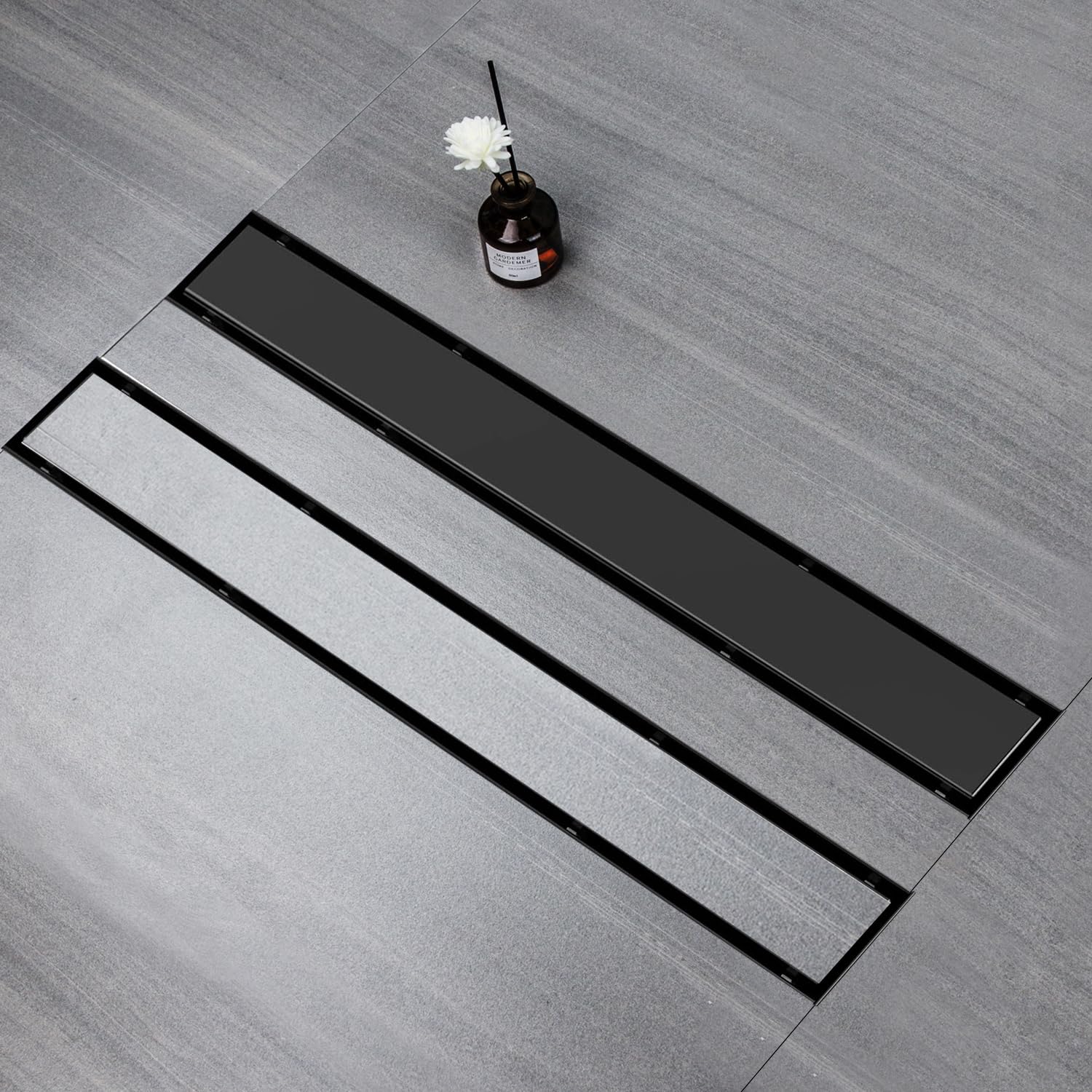 Canale doccia 90 cm, Nero Canale doccia piastrellato extra piatto, scarico pavimento in acciaio inox Set completo con filtro a sifone a 360°