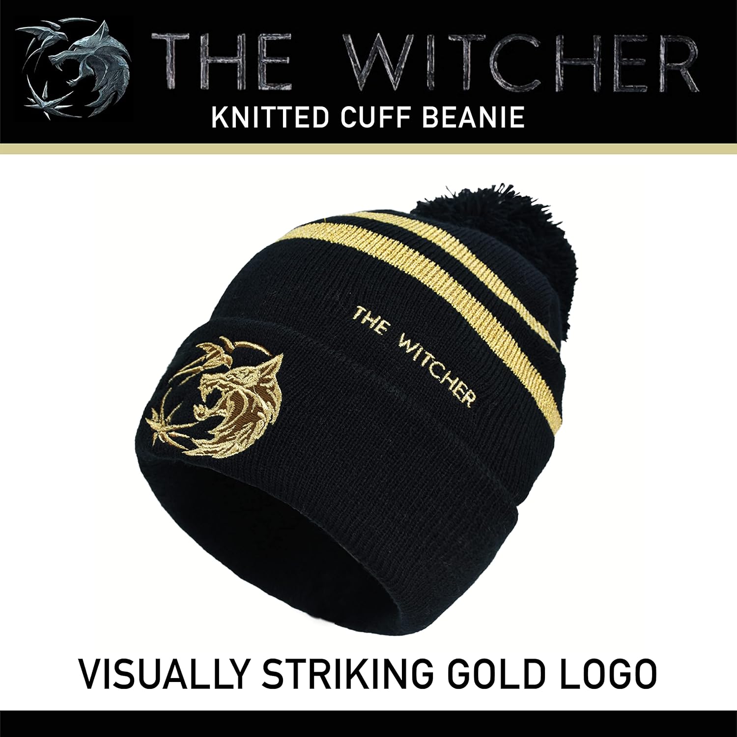 Concept One Unisex Adult Netflix The Witcher Acrylic Knitted Cuff Beanie Hat with Gold Logo and Pom