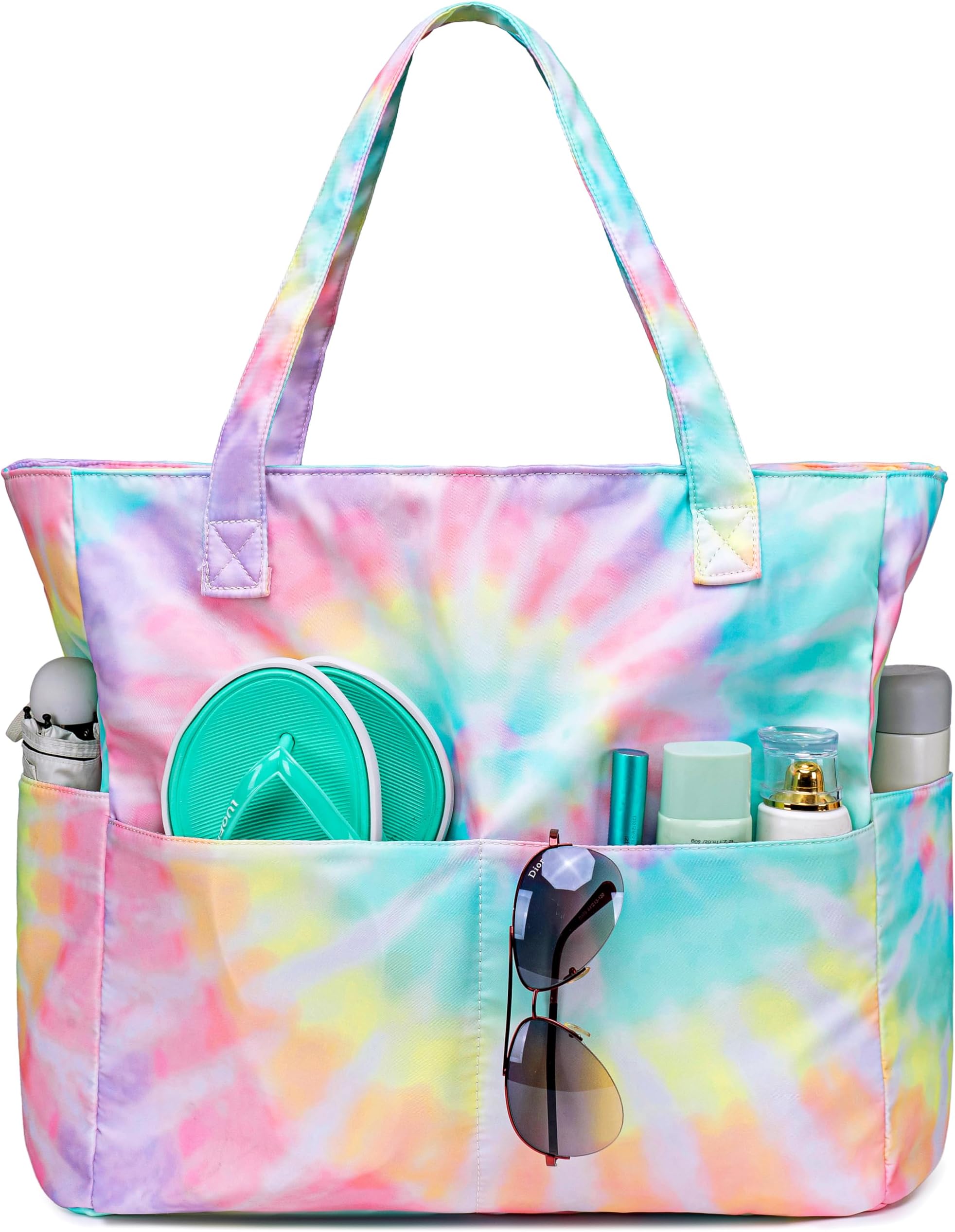Beach Bag Sandproof Canvas Beach Tote Bag with Zipper Pocket for Travel Beach Toys Gym Swim Vacation