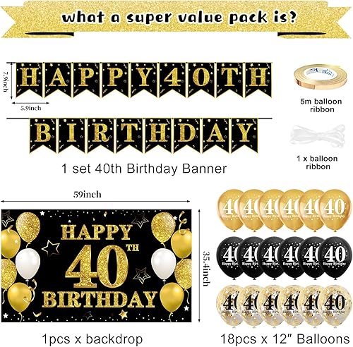 Miniatura 3 de Kit de 32 piezas de decoración de cumpleaños 40 para hombres y mujeres, pancarta de feliz cumpleaños número 40, globos colgantes de remolinos para