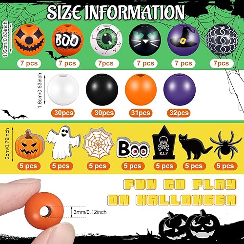Vista 2 de Tradder 200 cuentas de madera de Halloween, calabaza, naranja, calabaza, araña, gato negro, cuentas para Halloween, decoración del hogar