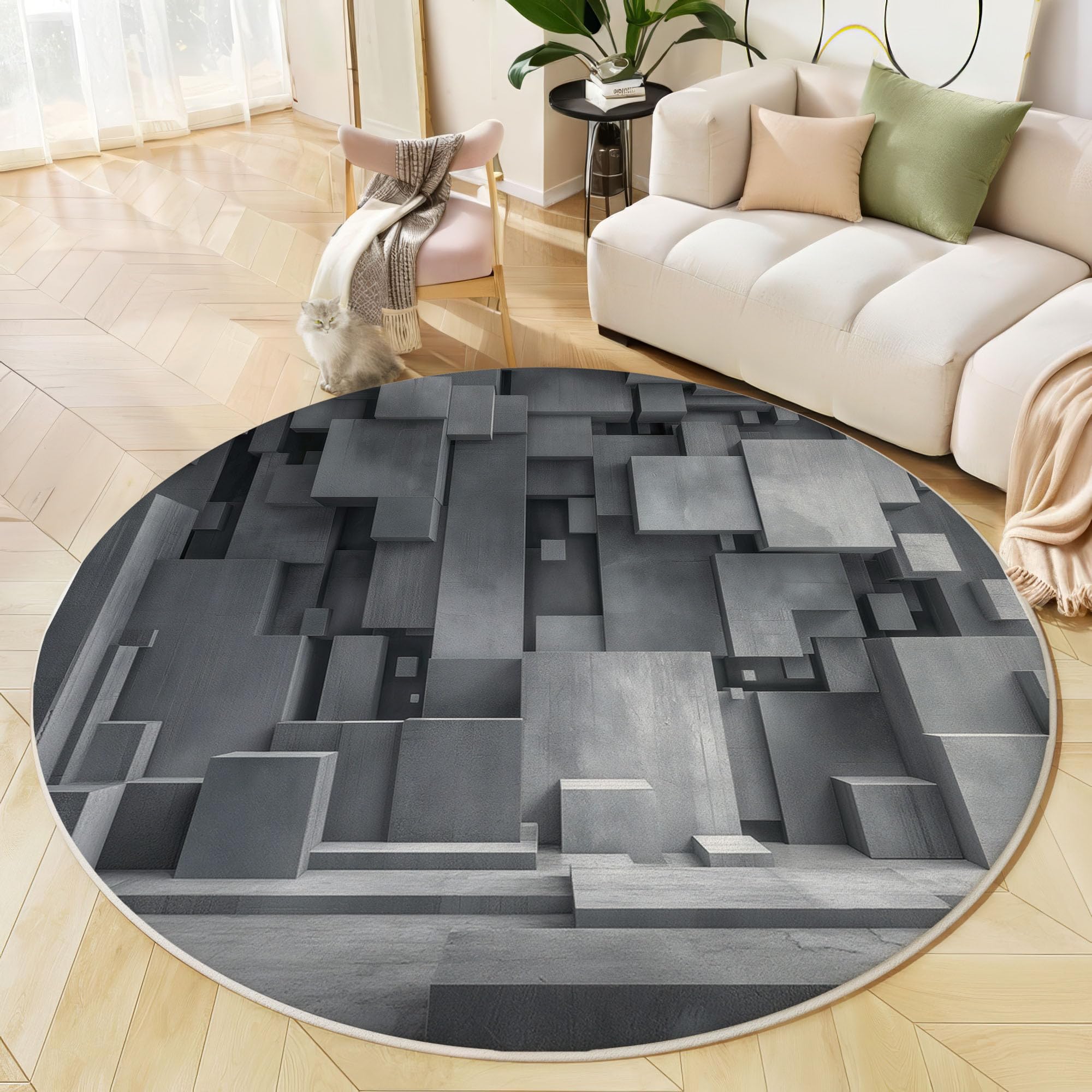 Tapis rond gris antiderapant et lavable de 120 cm de diametre