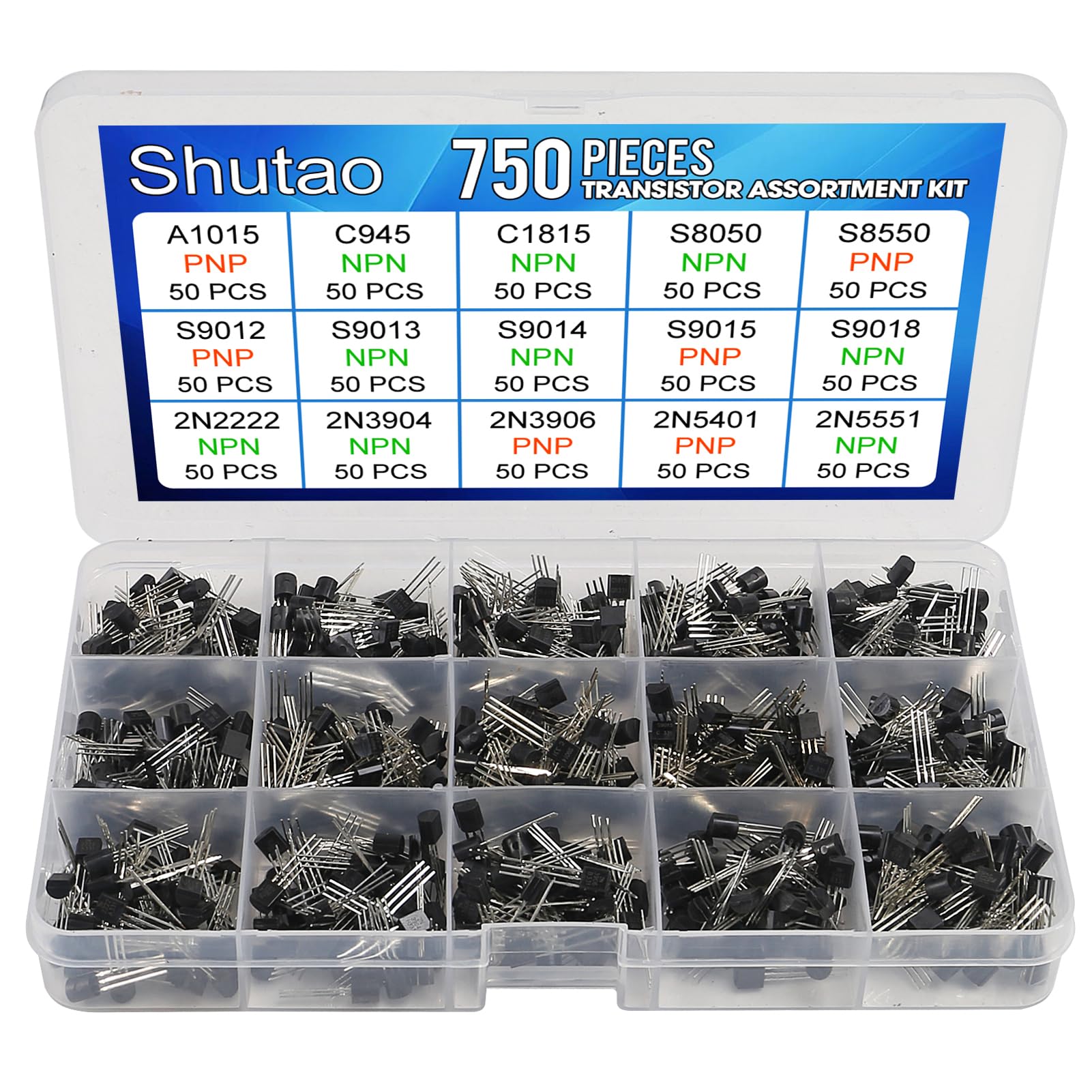 750 Pcs Transistor Kit A1015 C945 C1815 S8050 S8550 S9012 S9013 S9014 S9015 S9018 2N2222 2N3904 2N3906 2N5401 2N5551 15 Values PNP NPN Power Transistors Assortment Kit