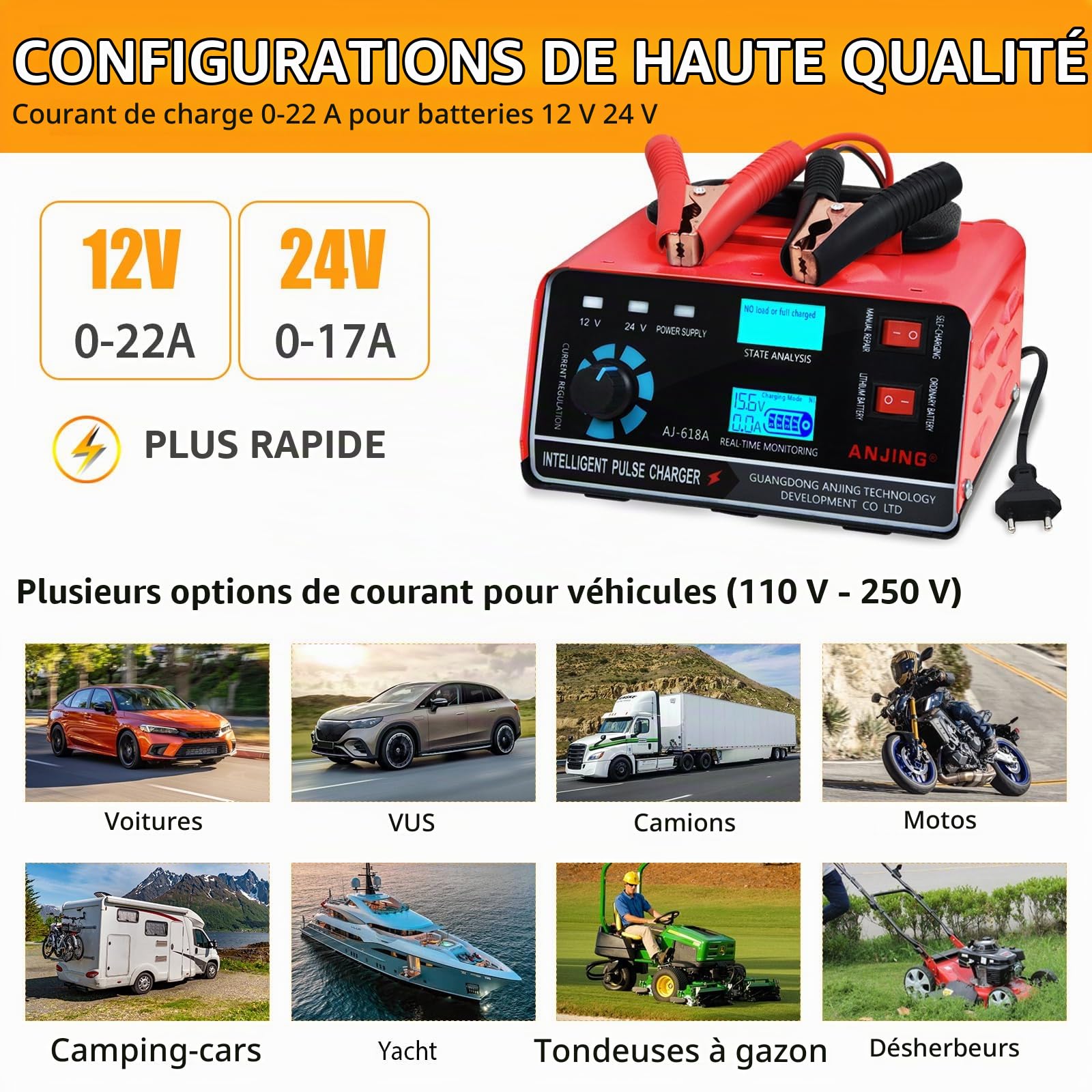 Chargeurs de Batterie, Chargeur de Batterie de Voiture 400W 22A 12V / 24V Chargeur de Batterie de Voiture Voiture Entièrement Automatique Intelligent Convient aux Voitures Motos Voitures Camions | Chargeur de Batterie de Voiture Voiture Entièrement Automa