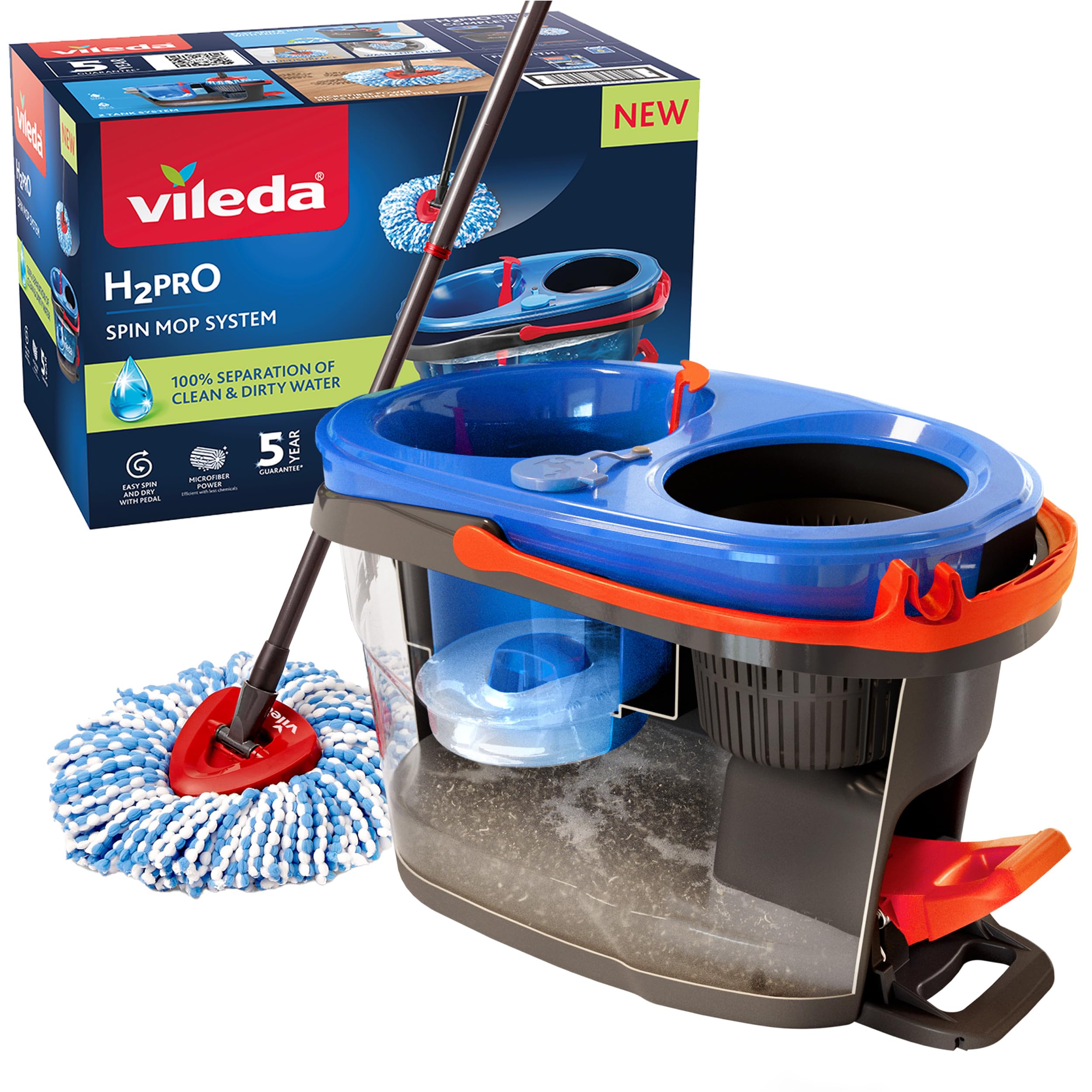 Vileda H2PrO Wischmopp Set mit Eimer| 100% Trennung von Frisch- und Schmutzwasser | Innovatives Zweitanksystem mit Auswringfunktion | Müheloses Auswringen | Mikrofaserreinigung | Ergonomisches Design