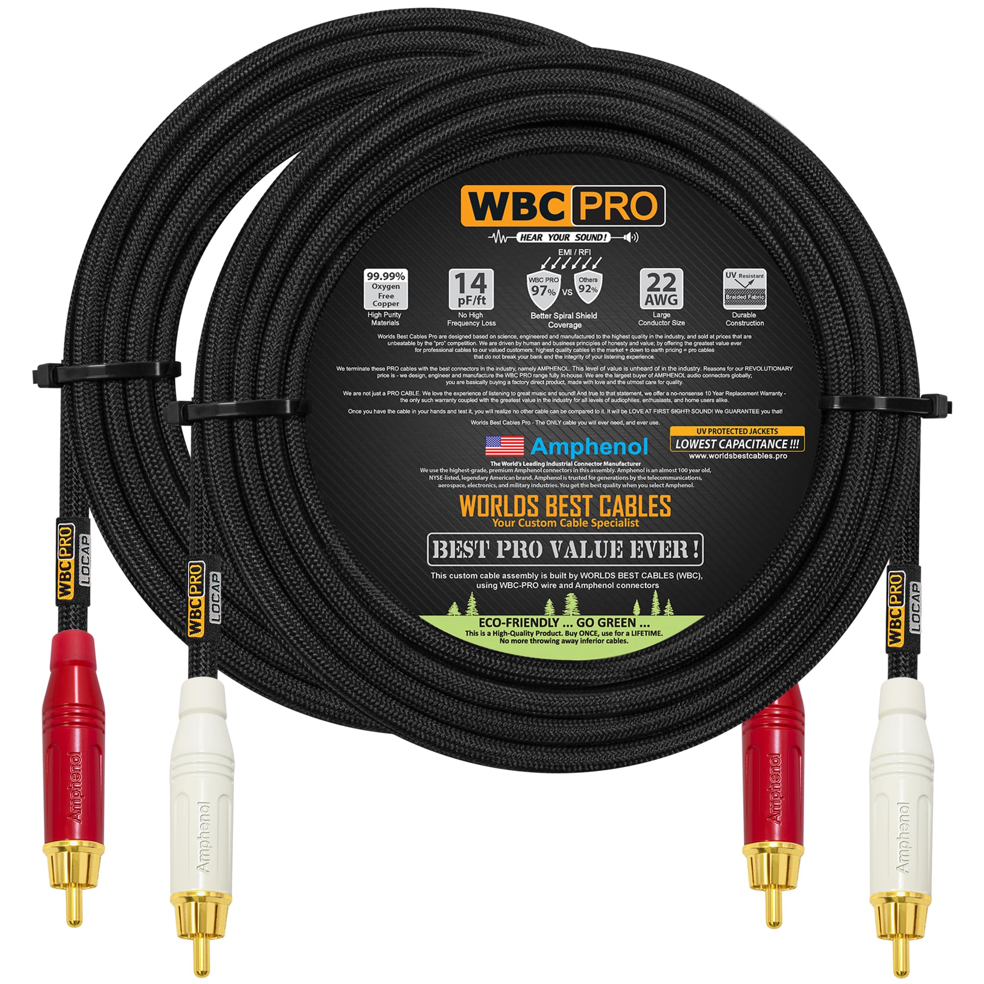 20 Foot RCA Cable Pair - WBC-PRO-LOCAP Lowest-Capacitance (14pF/ft) 22 AWG Ultra-Silent Audiophile & Professional-Grade Audio Interconnect Cable with Amphenol ACPR Gold RCA Plugs & Black Tweed Jacket