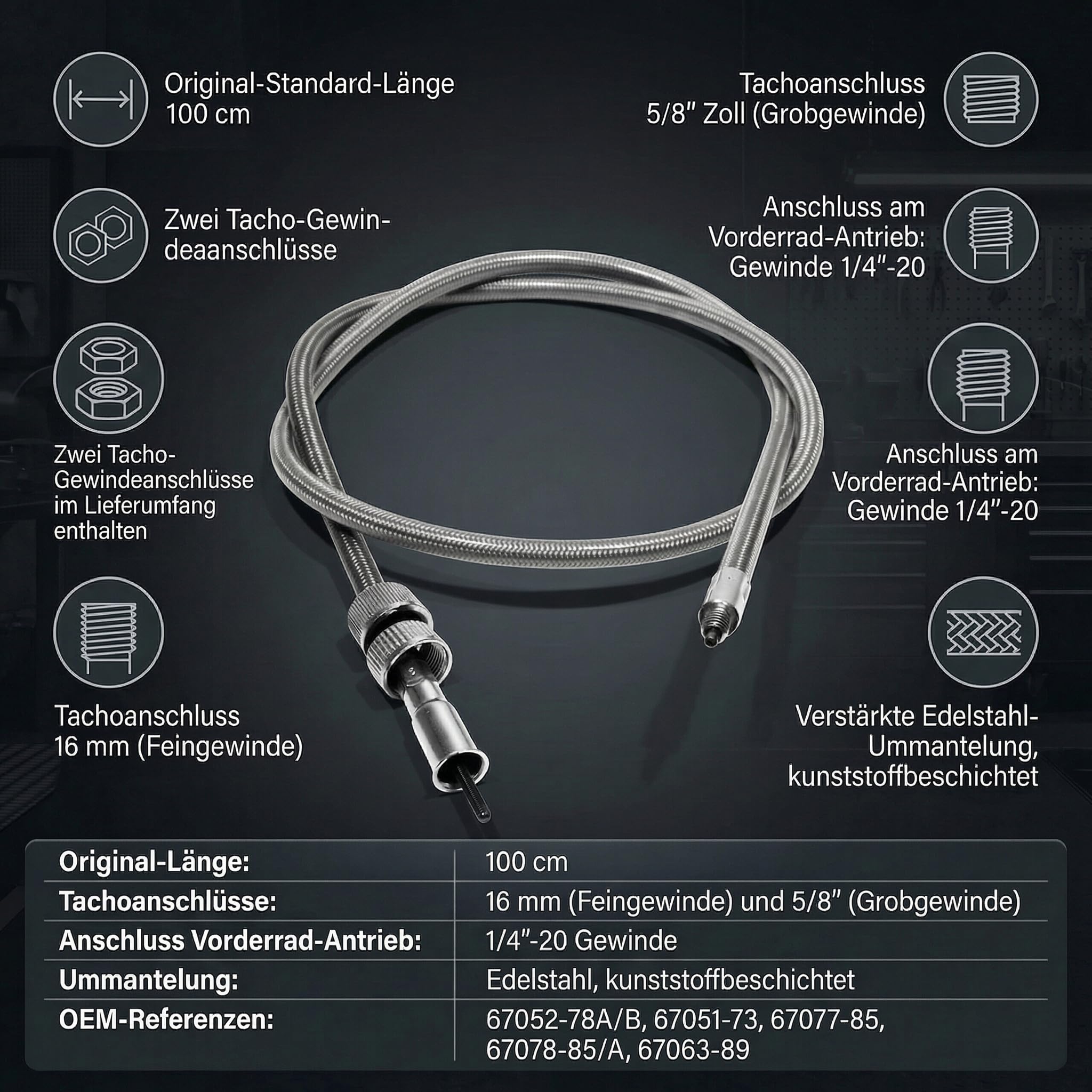 Tachowelle 100cm 16mm Edelstahl - Für Harley Vorderrad Tacho-Anschluss