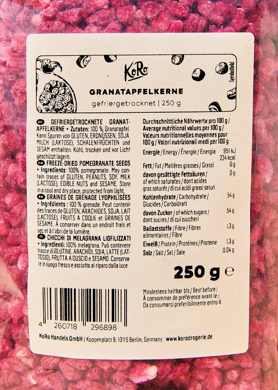 KoRo - Chicchi di melograno liofilizzati 250 g - Naturali e non trattati - Dolci e croccanti - Senza zuccheri aggiunti*