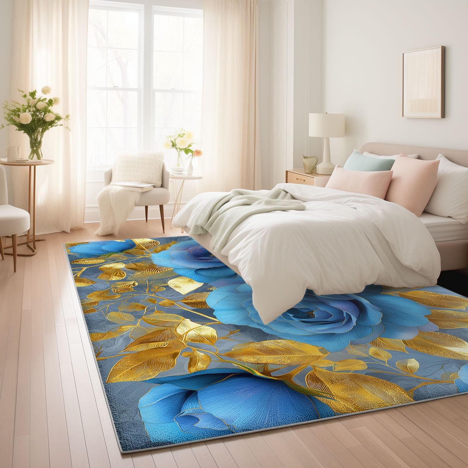 Générique Niebieski dywan do salonu 80 x 150 cm - różowe kwiaty liście można prać w pralce antypoślizgowy, romantyczny motyw miękki dywan do jadalni sypialni biura