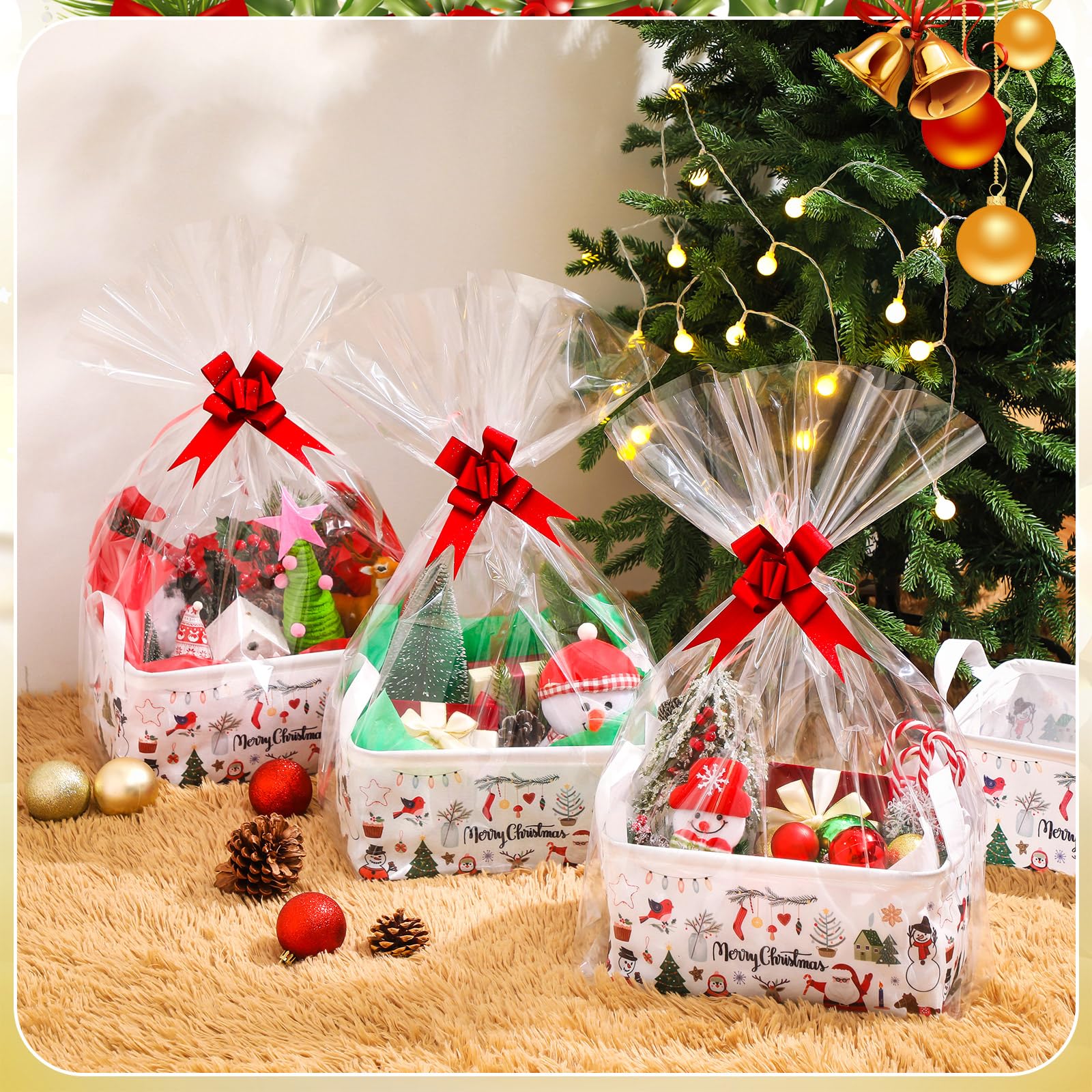 Yexiya 48-teiliges Weihnachts-Geschenkkörbe, leeres Set, enthält 6 Körbe mit 6 Geschenktüten, 6 rote Schleife, 30 Papierauskleidung für Geschenke, leer zum Befüllen mit Korb, leer, Körbe für
