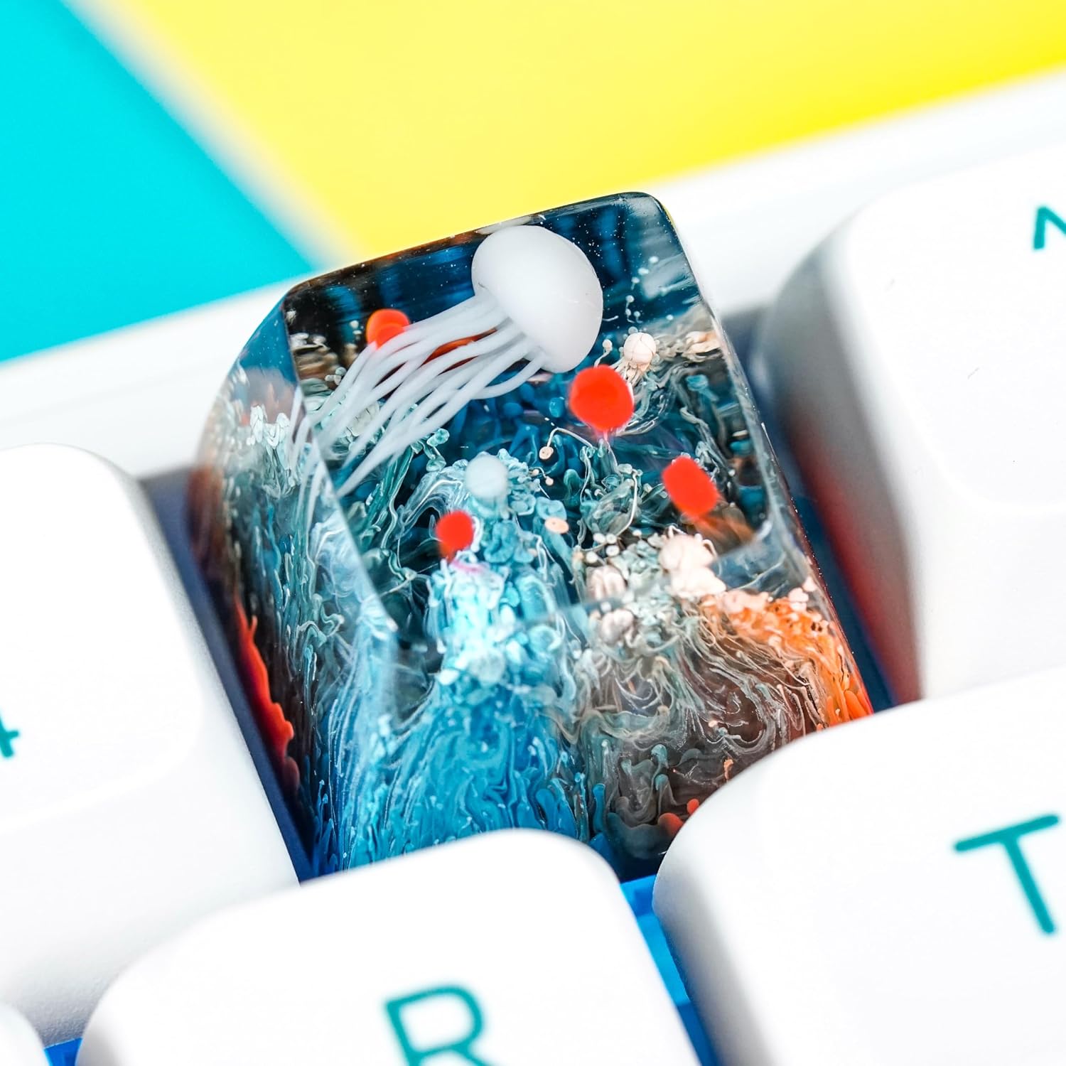 Jellyfish Keycap Deep Ocean Coral Reef Handmade Artisan Keycap Cute Key Caps Custom Keycaps Keyboard Caps Resin Keycaps for Cherry MX Mechanical Keyboard Lovers Gift