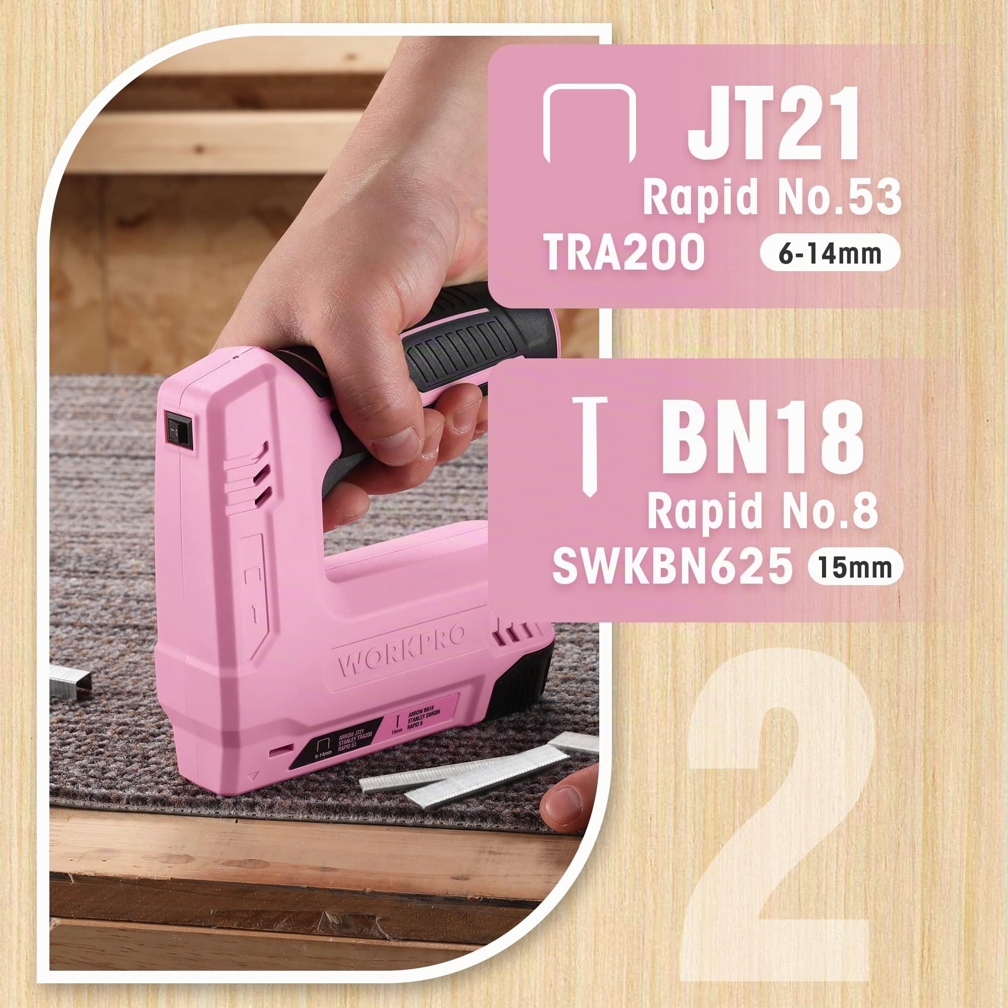 WORKPRO Cucitrice senza fili 3,6 V 2000 mAh con 2000 graffette, pinzatrice multifunzione 2 in 1, compatibile con chiodi e graffette tipo 53, 8 per progetti fai da te in arredamento, falegnameria(rosa)