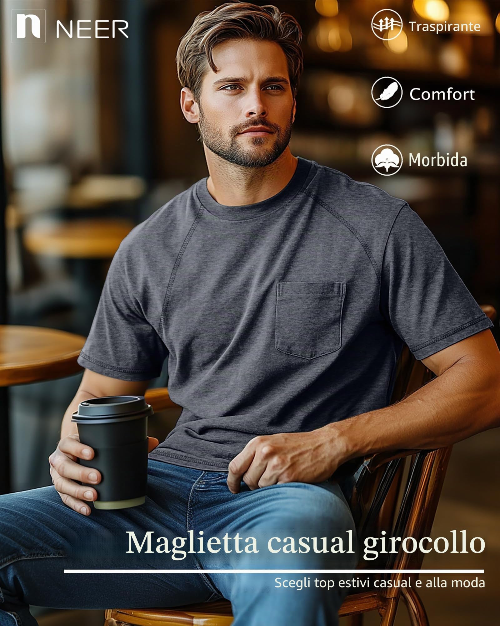Neer 3 Magliette Uomo Taglie Forti con Taschino | Magliette Girocollo, Top Maniche Raglan, Abbigliamento Traspirante, T-shirt Ampie, Outfit Da Lavoro, Moda Autunnale