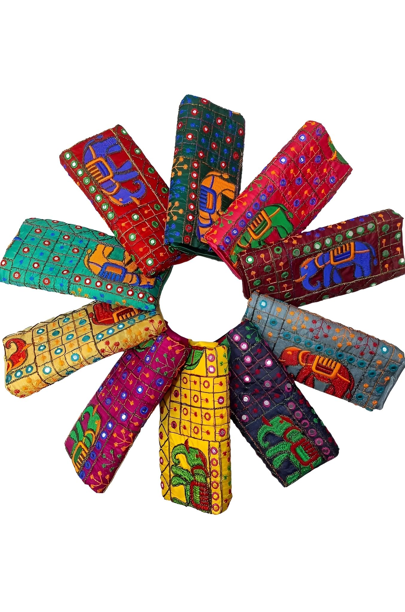 Women's Silk Unstitched 1 meters Each | Hathi Embroidered Mirror work Blouse Materials (Multicolour)- Navratri Special, Durga Puja Special, Oti Bharan, Ugadi (Pack of 10 Pieces) - Pattern 3