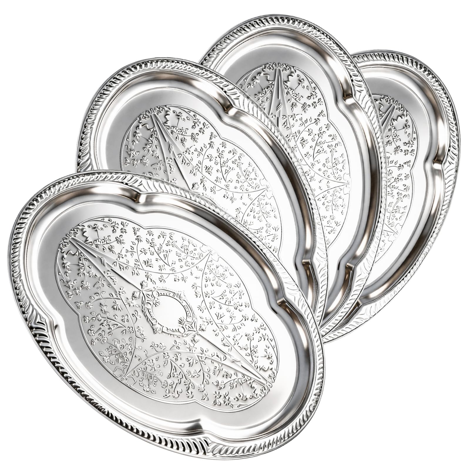 4-Pack Large Silver Serving Tray 20.3 x 15.2 Inch Mirror Platter Set for Party, Wedding, Birthday, Christmas, Appetizers, Desserts, Food Display, Kitchen Table, Buffet