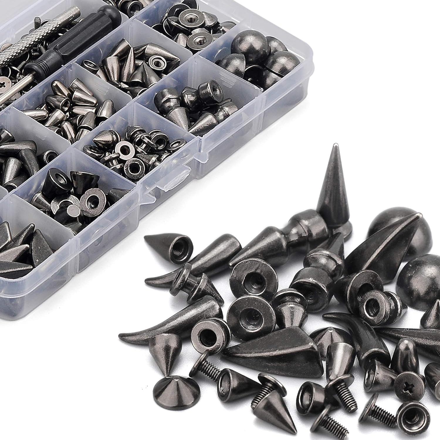 YORANYO 270 Sets Mixed Shape Spikes and Studs Gun Metal Screw Back Bullet Cone Studs and Spikes Rivet Kit with Install Tools for Leather Craft Clothing Shoes Belts Bags Dog Collars DIY Rivets