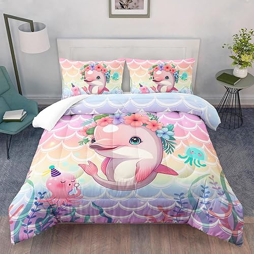 Miniatura 1 de AILONEN Lindo juego de edredón de delfín tamaño matrimonial, bonito juego de ropa de cama de delfín rosa para niñas y adolescentes, cama en una