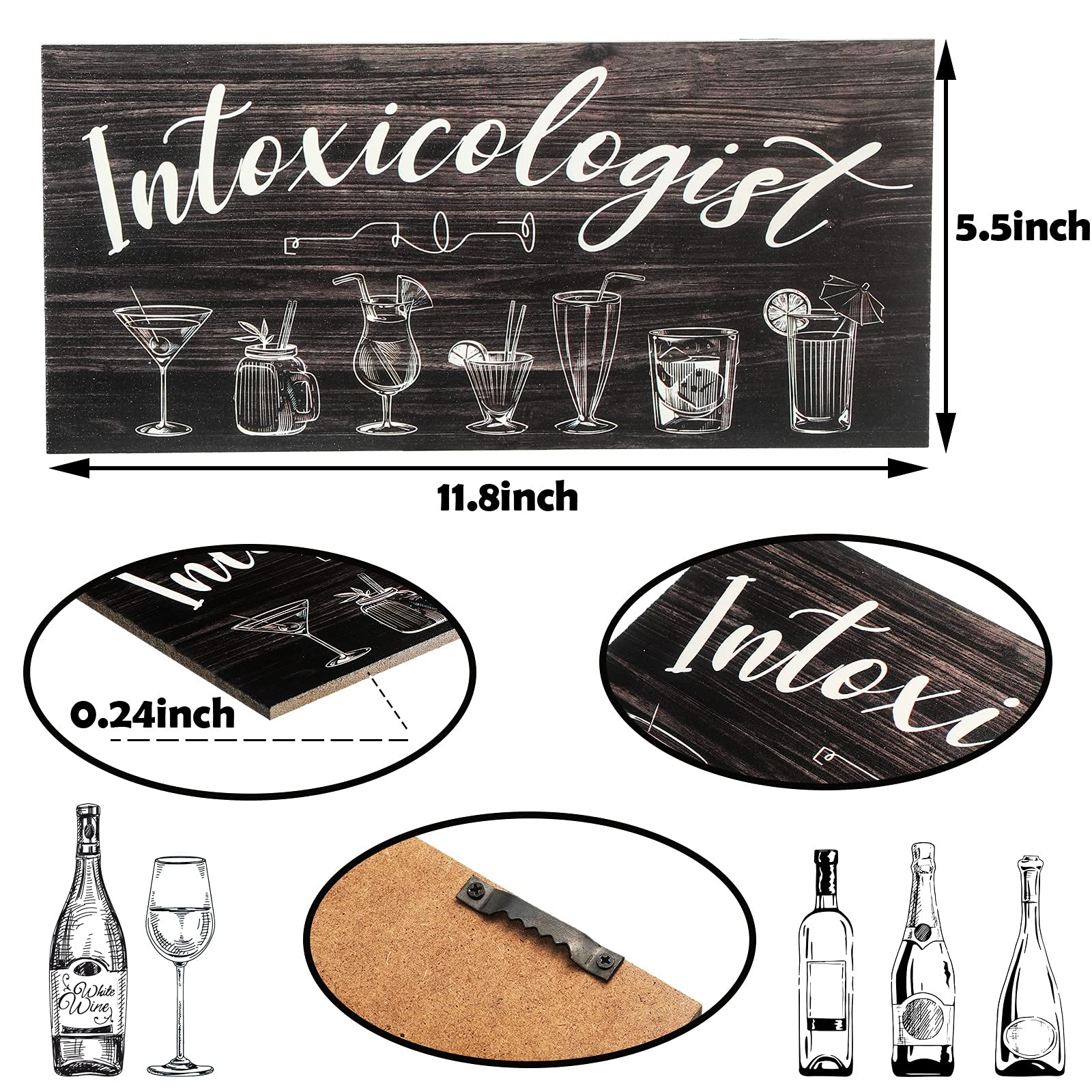 Jetec 'Intoxicologist' Wood Bar Sign - Vintage Style Pub Wall Art With Drink Patterns, 11.8x5.5 Inches