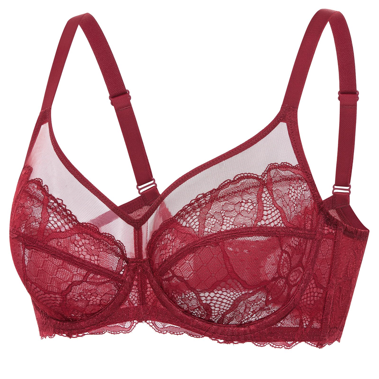 Dobreva Women's Chinese Red Lace Full Coverage Minimiser Bra Unlined Underwire See Through Plus Size Bra 40C