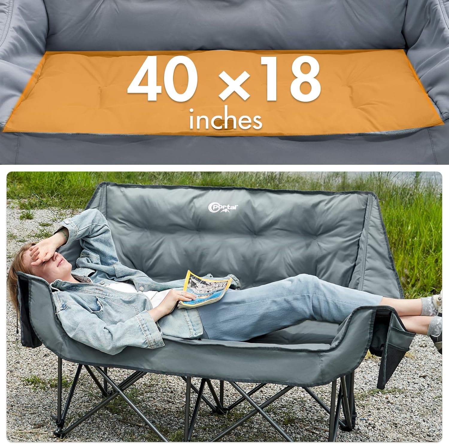 Portal Double Camping Chair, 2 Person Folding Loveseat for Adults, Padded Cushion Camp Lawn Love Seat with Side Pocket Portable Couch, Two Person Heavy Duty Wide Chairs with Cup Holder, 600 lbs - Image 6
