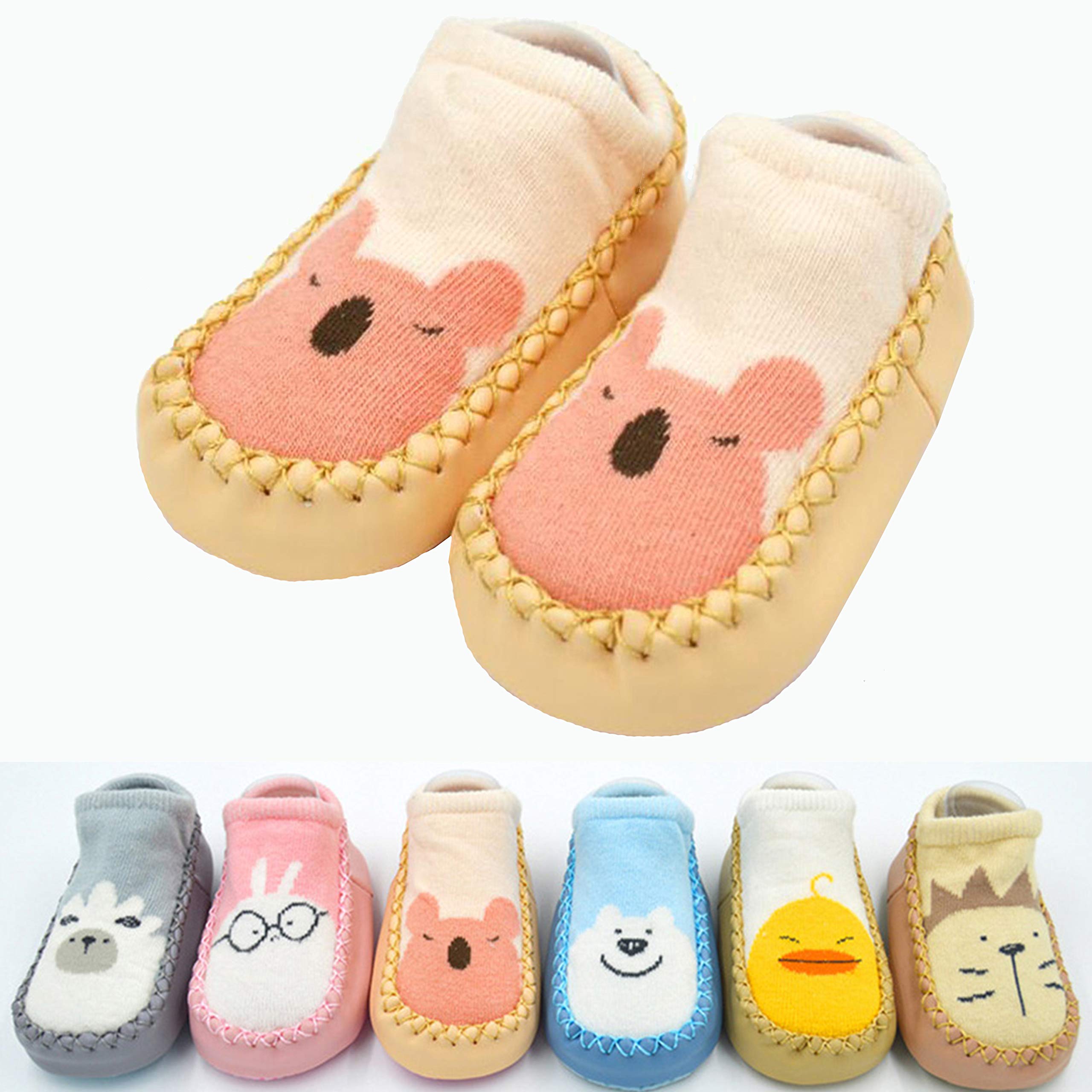 Infant Baby Girls Boys Slippers Socks - Stay-on Moccasins Toddler Floor - First Walker House Shoes One Size Animal Knit Socks Pink Koala