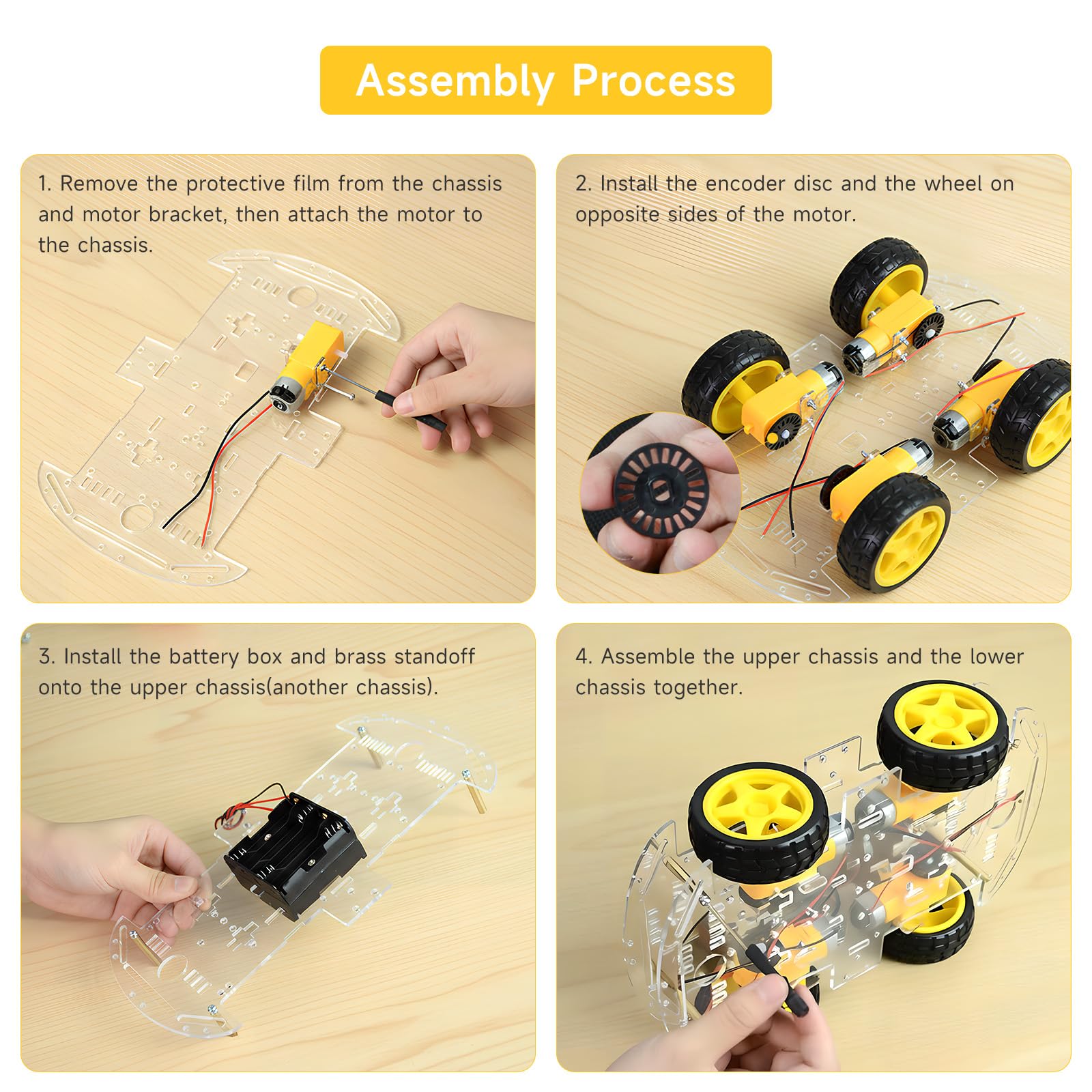 Kit de châssis robot 4WD avec moteur TT, châssis acrylique, 4 roues pour Arduino