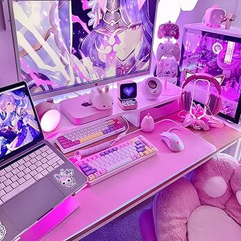 Purple Starry Sky Cute Desk Mat, Large Gaming Mouse Pad Galaxy, Gamer Girl Desk, Cute Pink Desk Decor, Large Gaming Keyboard Mat, Desk Mat