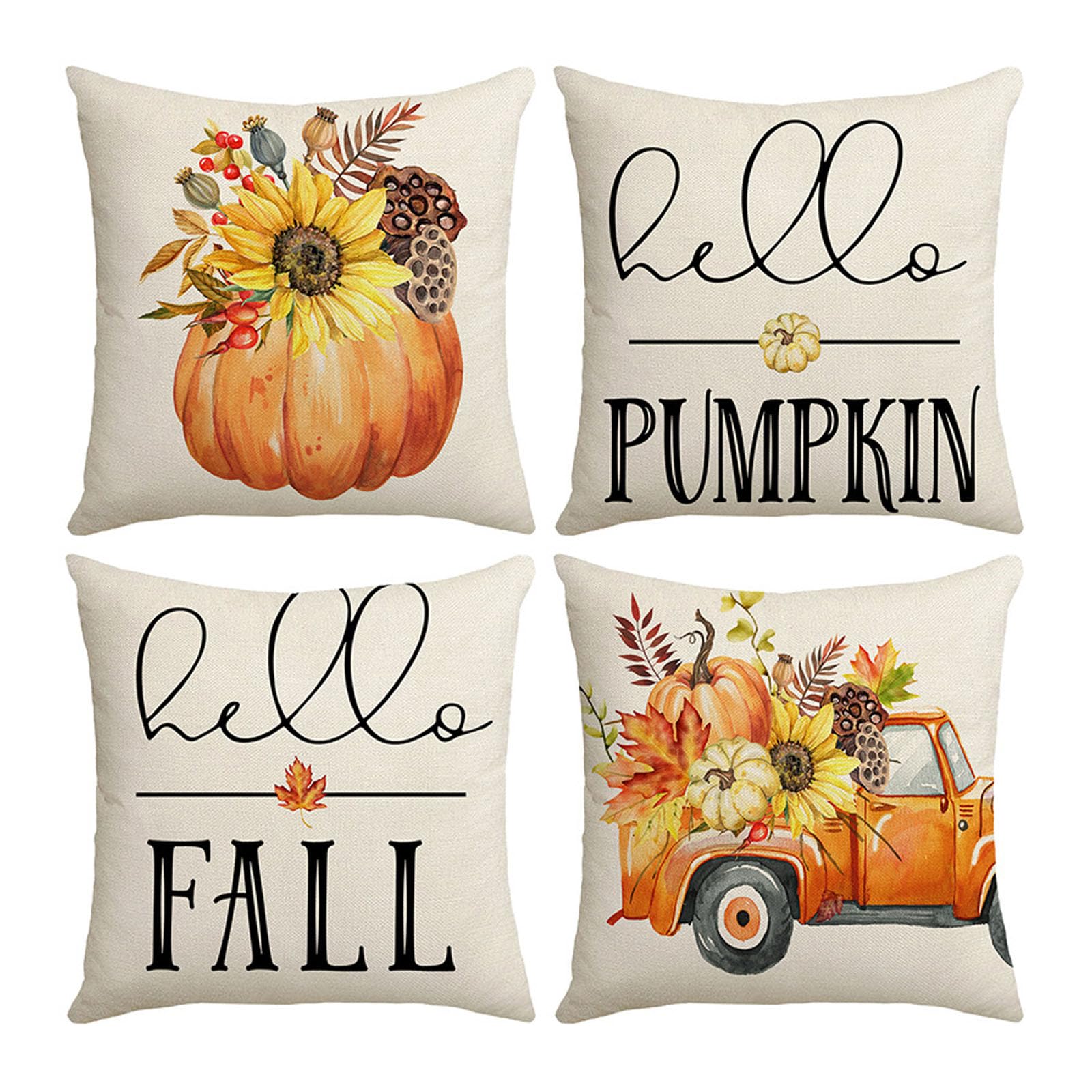 KLUSIET Fall Decor Throw Pillow Covers 18x18, Pumpkin Floral Pillow Covers Thanksgiving Farmhouse Cushion Cover for Home Couch Bed Sofa Decor(4pcs,C)