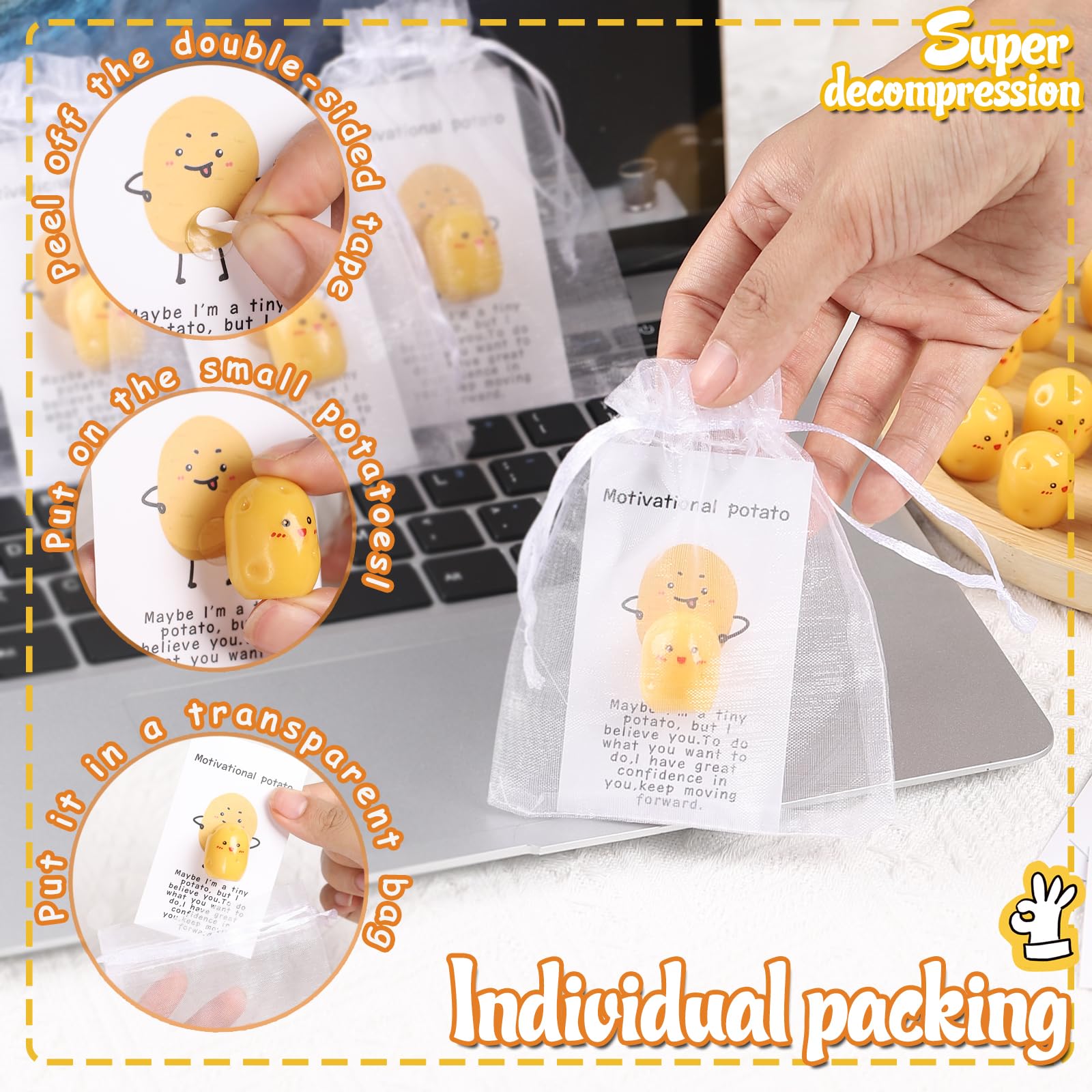 HyDren 20 Sets Inspirational Potato Plush Toys – Funny Positive Potato With Encouragement Cards & Organza Bags, Employee Appreciation, Graduation Gifts - View #6