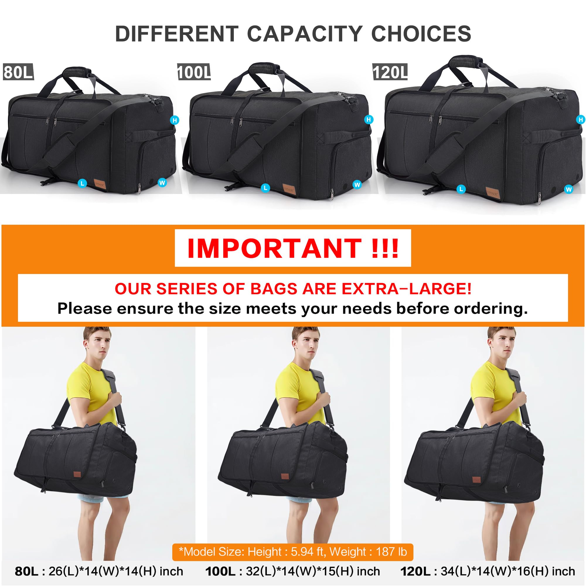 Urtala Sac de Voyage Pliable 120 l Grand Weekender avec Compartiment à Chaussures étanche